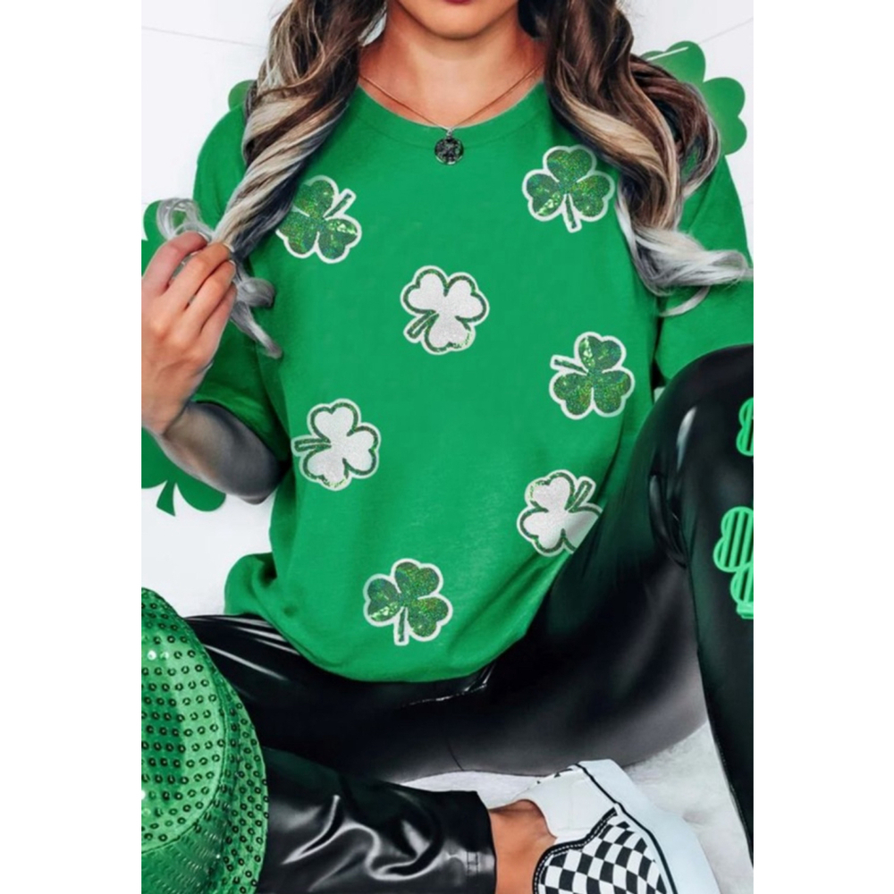 St Patrick’s Green T-shirt with White and Green Sequin Shamrocks